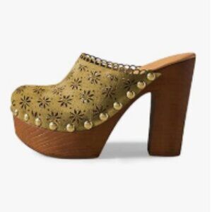 FOWT Khaki Studded Round Toe Floral Cut Out Platform Mules Chunky Heel Sandals